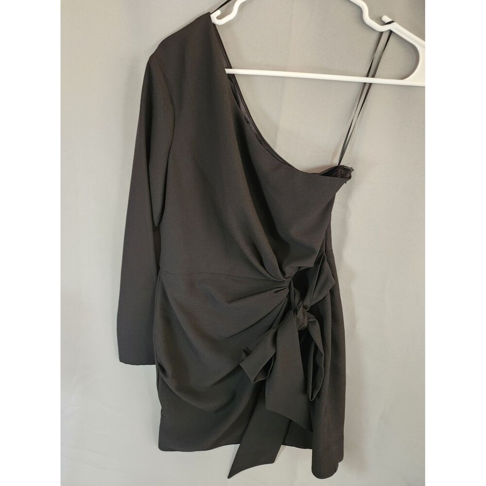 Peace + Love Asymmetric One-Shoulder Black Wrap Tuxedo Tie-Detail Mini Dress